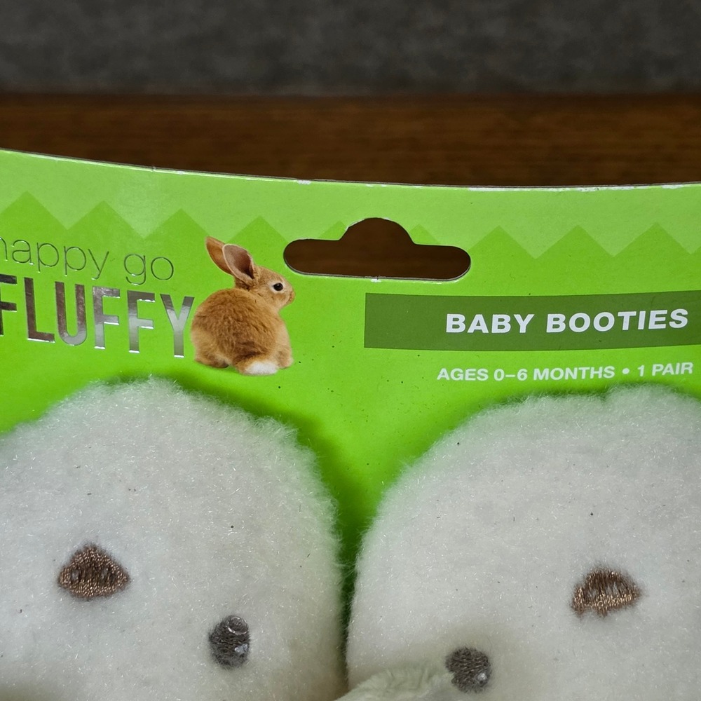 Happy Go Fluffy White Bunny Baby Booties Faux Fur Slippers 0-6 Months NEW - Picture 2 of 3